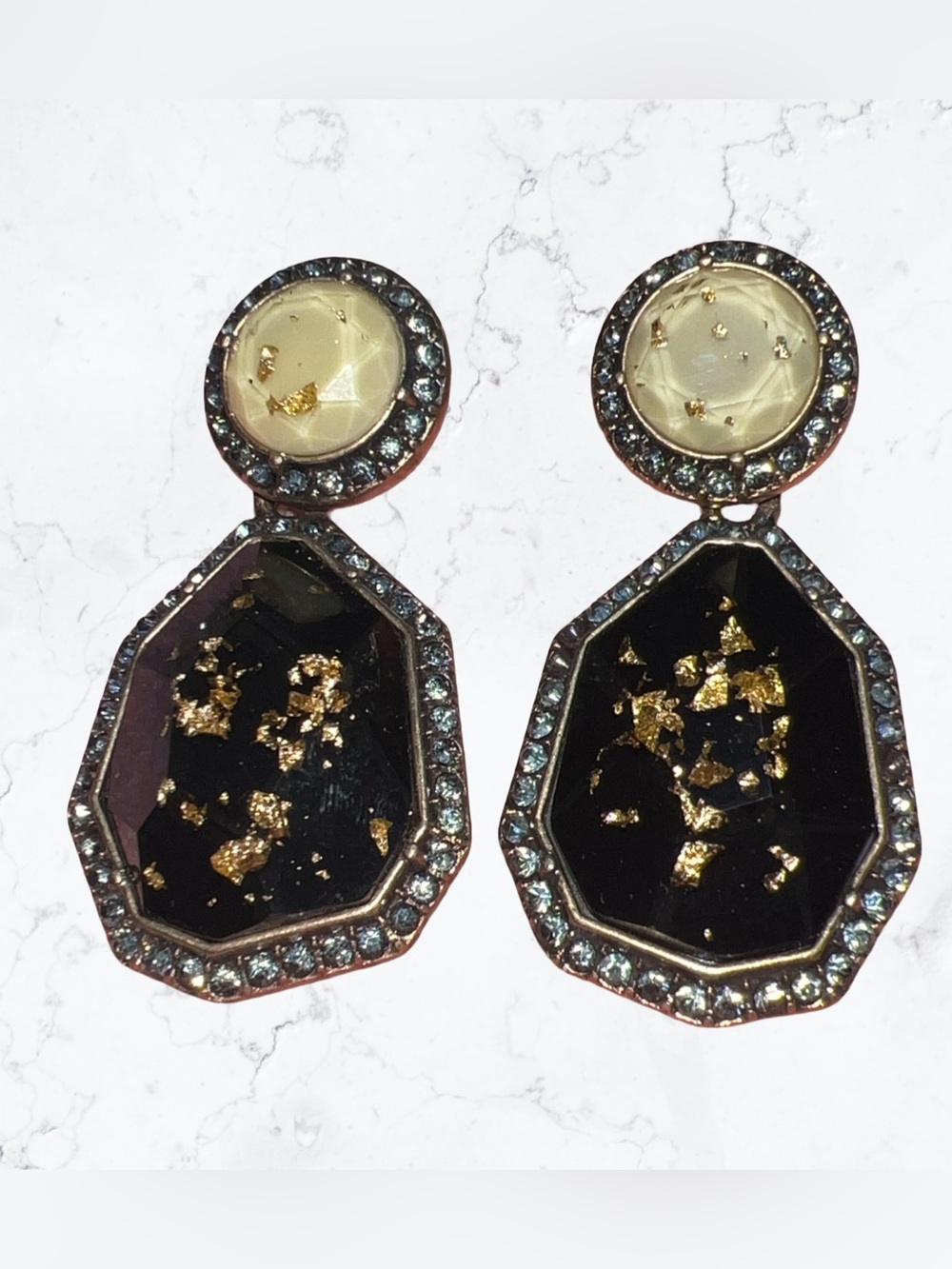 chloe isabel statement earrings black creme gold leaf specks Crystals